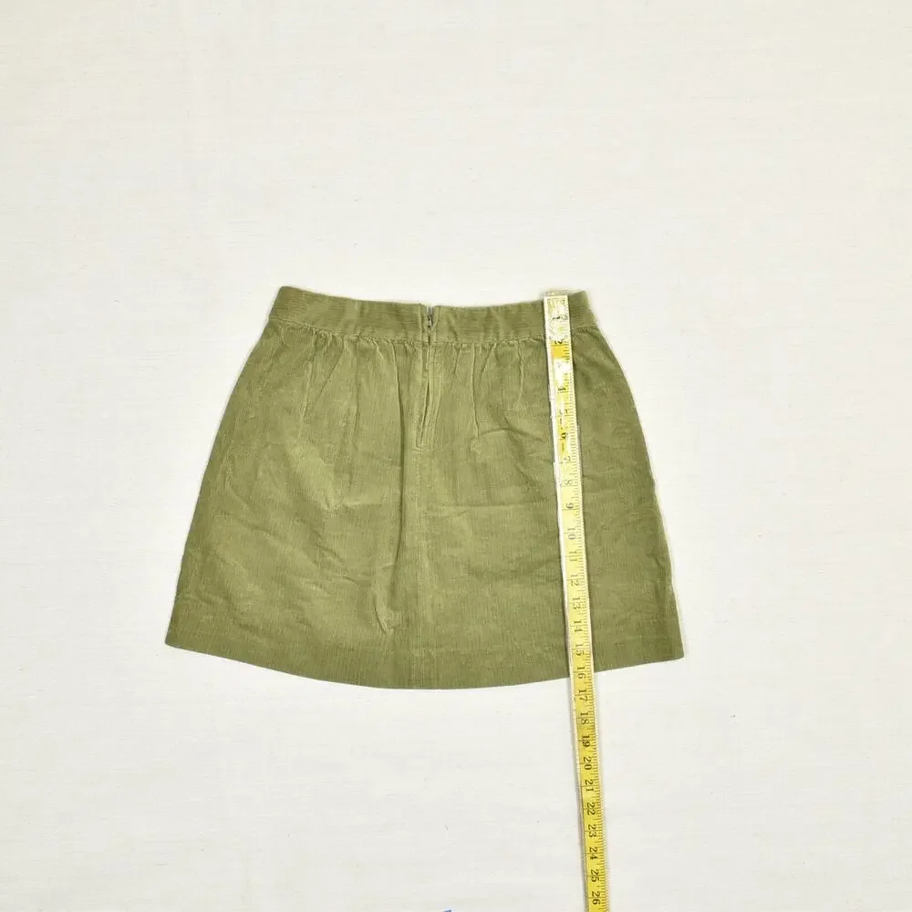 J. Crew Women A Line Short Skirt Corduroy Zip Solid Cotton Green Size 0